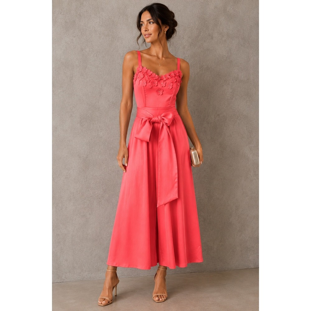 Taylor Women Dress 14 Coral Pink 3D Floral Appliqué Midi event party wedding